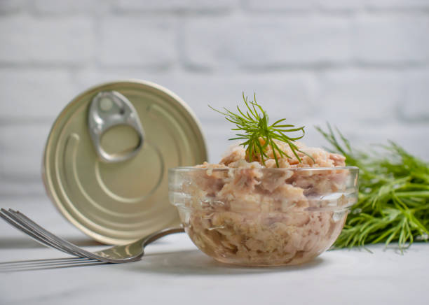 canned fish, jar, dill on a light background tuna - tuna chunks imagens e fotografias de stock