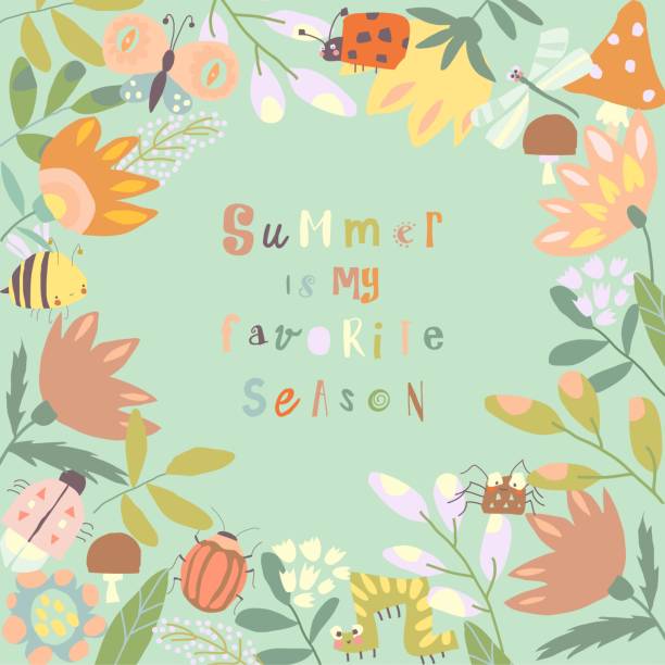 Cartoon Frame with Insects, Summer Flowers and Leaves Vector Cartoon Frame with Insects, Summer Flowers and Leaves spider on flower stock illustrations