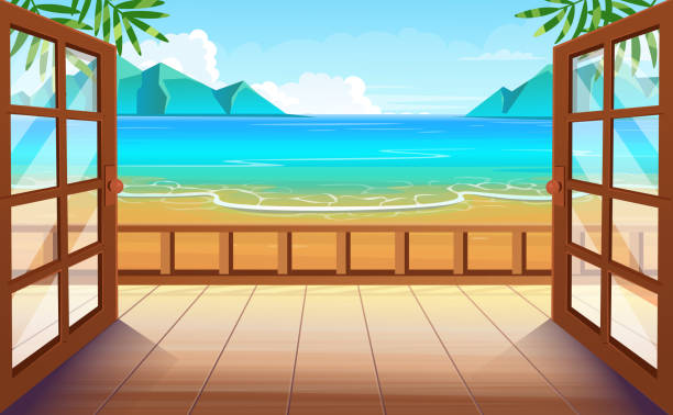 istock Panorama tropical island with open doors, palm trees, sea and the beach. Exit to the terrace with tropical island view. Vector illustration  in cartoon style. 1398883460