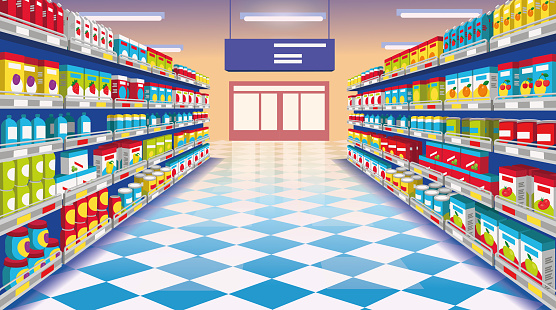 Perspective view of supermarket aisle. Supermarket with colorful shelves of merchandise and front door. Cartoon vector illustration