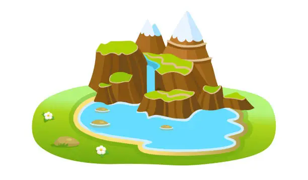 Vector illustration of Island with mountain and lake and waterfall. Vector cartoon illustration. Element for design