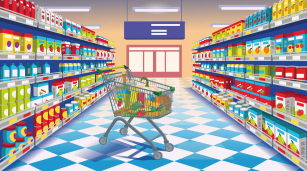 Perspective view of supermarket aisle. Supermarket with colorful shelves of merchandise and front door and supermarket food cart. Cartoon vector illustration Perspective view of supermarket aisle. Supermarket with colorful shelves of merchandise and front door and supermarket food cart. Cartoon vector illustration supermarket aisles vector stock illustrations