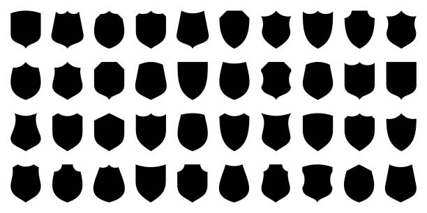 Set of various vintage shield icons. Black heraldic shields. Protection and security symbol, label. Vector illustration. Set of various vintage shield icons. Black heraldic shields. Protection and security symbol, label. Vector illustration black family crest stock illustrations