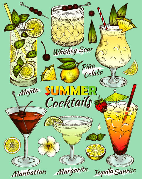 набросок нарисованного от руки набора красочных летних алкогольных коктейлей на синем фоне. - lime juice illustrations stock illustrations
