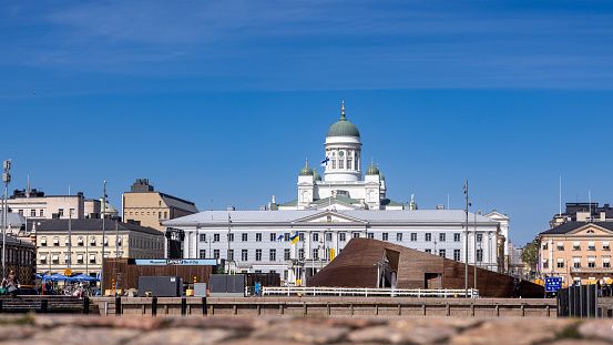 Helsinki, Finland - May 22nd 2022: Helsinki City town hall is one prominent building near main market square.