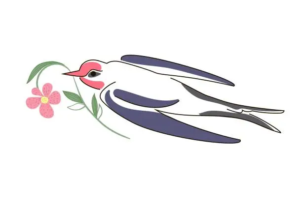 Vector illustration of Swallow in flight with a flower in its beak, drawn in doodle style in pastel colors. The bird is flying. Spring symbol. Vector illustration isolated on white background.