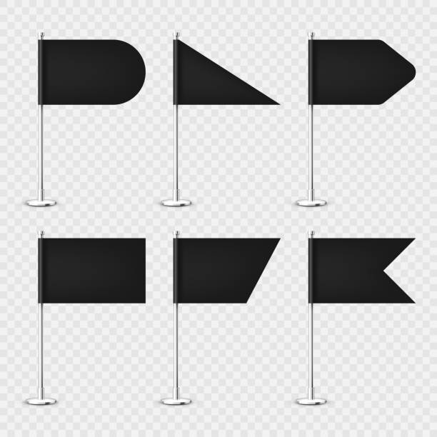 istock Realistic various table flags on a chrome steel pole. Blank black desk flag made of paper or fabric. Shiny metal stand. Mockup for promotion and advertising. Vector illustration 1398887246