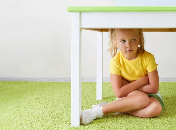 istock Scared Girl Hiding Under Table sitting on a floor 1398887257
