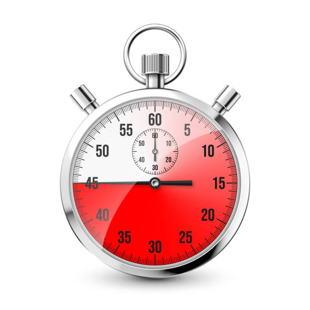 istock Realistic classic stopwatch icon. Shiny metal chronometer, time counter with dial. Red countdown timer showing minutes and seconds. Time measurement for sport, start and finish. Vector illustration 1398888397