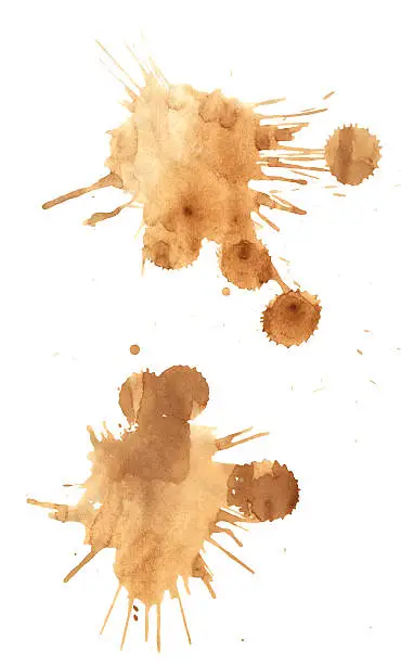 Two large, brown teabag splahes isolated on plain white background.
