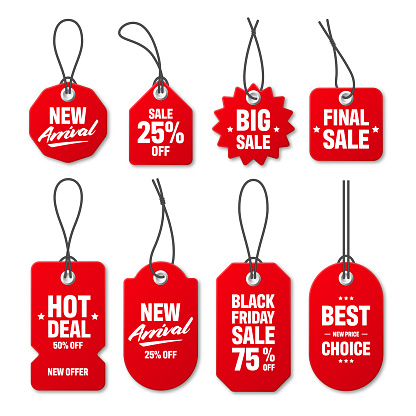 Realistic red price tags collection. Special offer or shopping discount label. Retail paper sticker. Promotional sale badge. Vector illustration