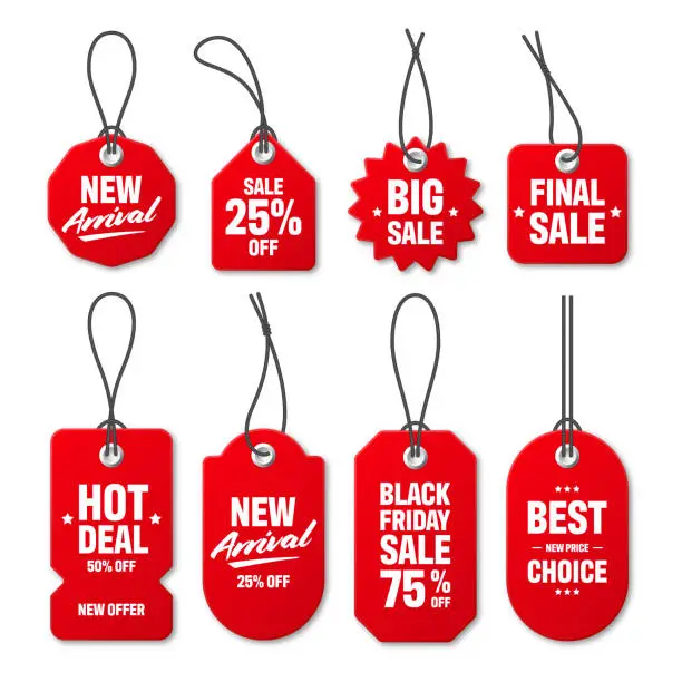 Vector illustration of Realistic red price tags collection. Special offer or shopping discount label. Retail paper sticker. Promotional sale badge. Vector illustration.