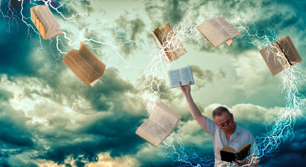 concept about reading. person reading and books floating around. - men businessman jumping levitation imagens e fotografias de stock