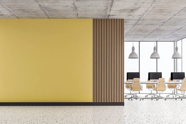 istock Empty office interior with copy space and work desks on terrazzo floor and paneled wall 1398895605