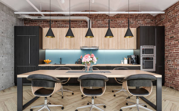 istock Industrial large modern kitchen and dining room 1398896092