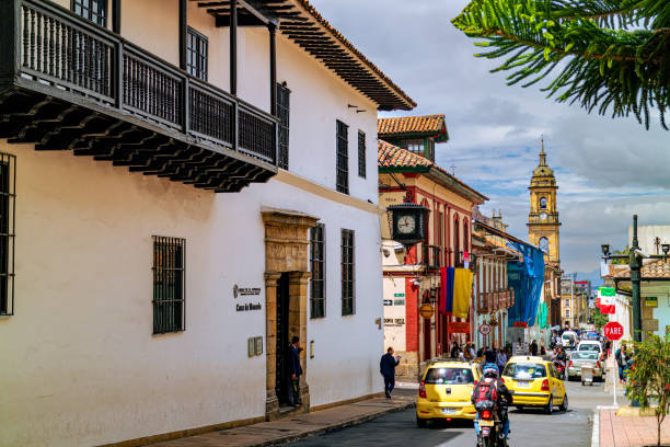 Bogotá Colombia - Spanish Colonial Architecture and Casa de Moneda on Calle 11 in the Historic La Candelaria District,  in the Andes Capital City stock photo