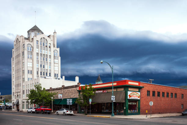 Baker City, Oregon, USA - Storm clouds above historic downtown of Baker City