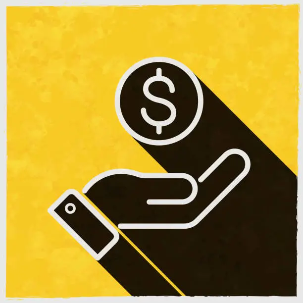 Vector illustration of Dollar coin in hand. Icon with long shadow on textured yellow background