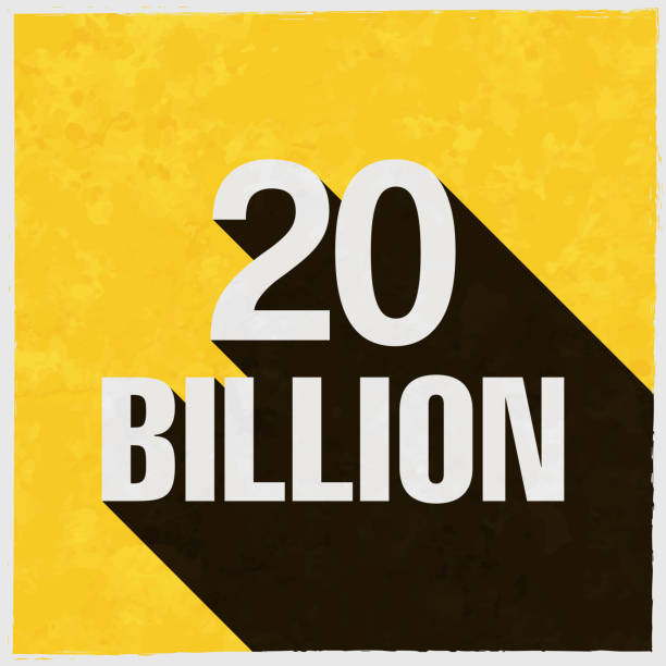 20 Billion. Icon with long shadow on textured yellow background Icon of "20 Billion" in a trendy vintage style. Beautiful retro illustration with old textured yellow paper and a black long shadow (colors used: yellow, white and black). Vector Illustration (EPS10, well layered and grouped). Easy to edit, manipulate, resize or colorize. Vector and Jpeg file of different sizes. billions quantity stock illustrations