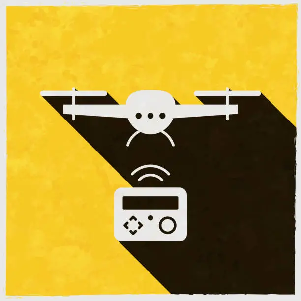 Vector illustration of Flying drone with remote control. Icon with long shadow on textured yellow background