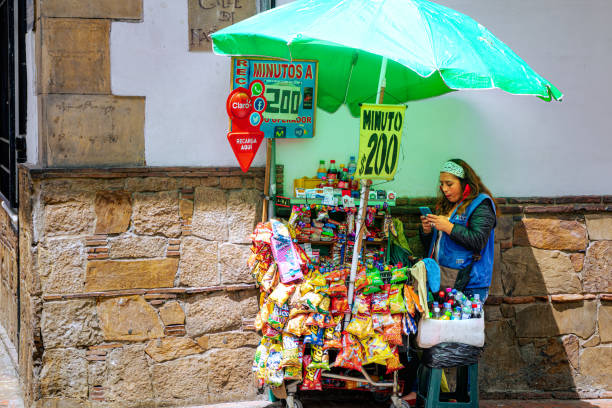 Bogotá, Colombia - Street-side Vendor in La Candelaria, the Historical Centre of the Capital City. stock photo