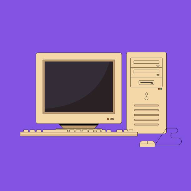 stary komputer z klawiaturą monitora i myszą w płaskim stylu - nerd technology old fashioned 1980s style stock illustrations