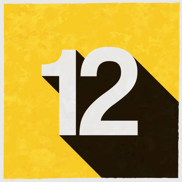 illustrazioni stock, clip art, cartoni animati e icone di tendenza di 12 - numero dodici. icona con ombra lunga su sfondo giallo strutturato - 12