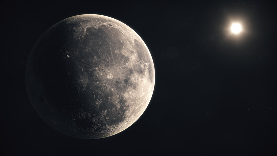 3d render The sun illuminates the moon's surface in space(close-up)