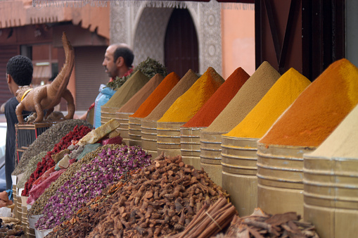 Spices layed out for sale at a souk in Marrakech.