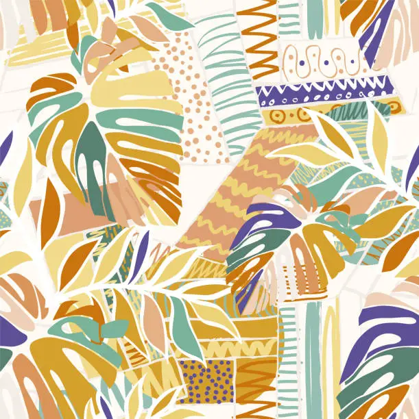 Vector illustration of Tropical pattern design with flat monstera leaves