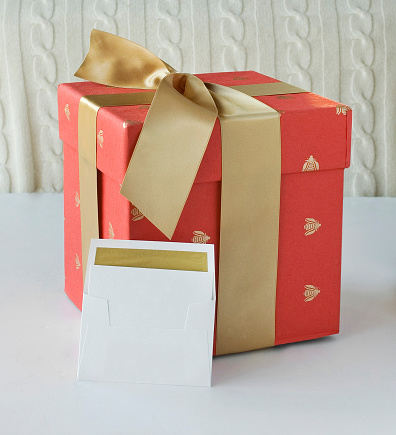 black gift box and blank greeting card