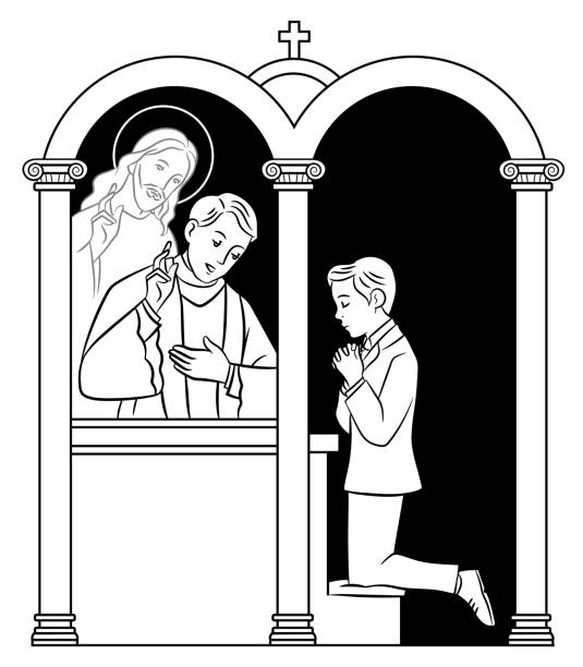 Catholic Sacrament of Confession Black and white vector line art of boy receiving the sacrament of penance church black and white people praying stock illustrations