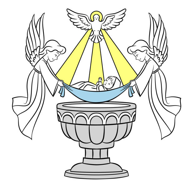 Baby Receiving Sacrament of Baptism Angels holding baby while the Holy Spirit baptize him baptismal font stock illustrations