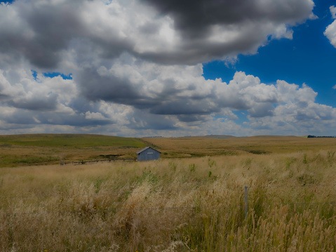 Abandoned shed in meadow with stormy skies