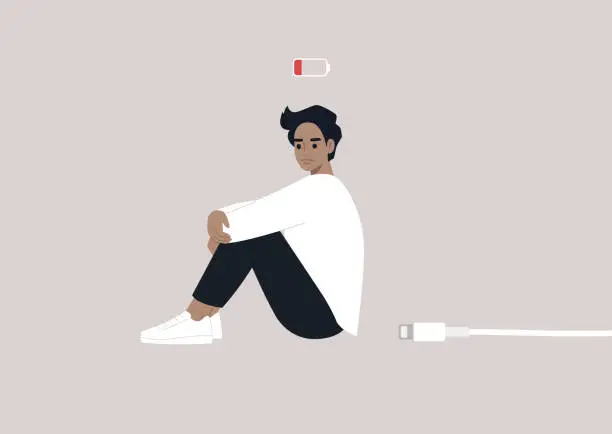 Vector illustration of Body budget, a low battery conceptual illustration, a young exhausted male Caucasian character in need to restore the energy balance