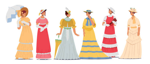 illustrations, cliparts, dessins animés et icônes de ensemble de belles dames du 19ème siècle dans des robes élégantes, des chapeaux et des accessoires. femmes anglaises ou français victoriennes isolées - empire dress