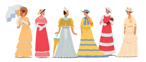 ilustrações, clipart, desenhos animados e ícones de conjunto de lindas damas do século xix em vestidos elegantes, chapéus e acessórios. mulheres vitorianas isoladas ou francesas - women century 19th victorian style