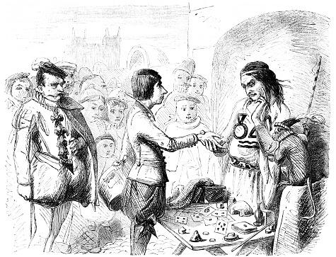 People stand in line for a Native American fortune teller to read their palms. On his table are also cards, a magic wand, and monkey for a magic show. Wood Block Engravings published in 1860. Original edition is from my own archives. Copyright has expired and is in Public Domain.