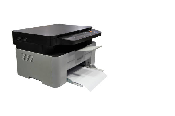 istock side view, black and white plastic printer and white paper on white background, technology, object, office, decor, copy space 1398917951