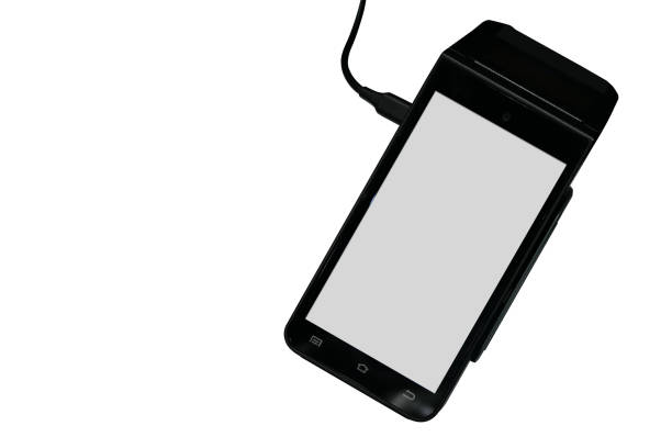istock top view, white screen on black card swipe on white background, object, technology, business, copy space 1398917978