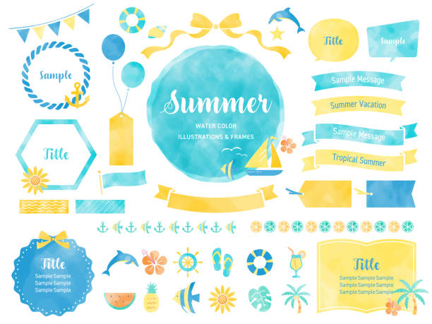 여름 시즌의 수채화 그림 및 프레임, 해바라기, 해변, 꽃, 과일 등 - banner ribbon frame label stock illustrations