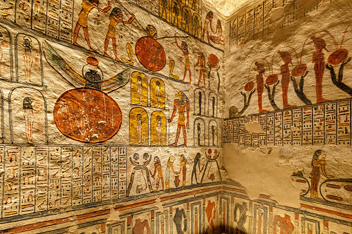 Tomb of Ramses V and VI in Valley of the Kings in Luxor, Egypt. Underground tombs where ancient pharaohs were buried.