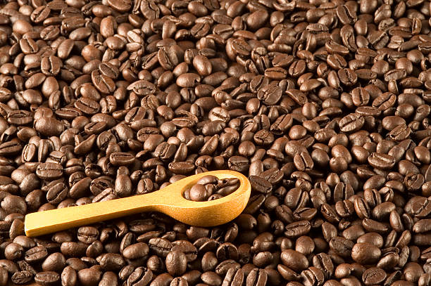 Cuillère en bois sur les grains de café - Photo