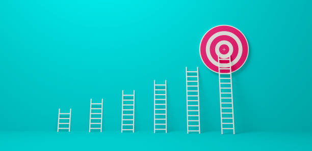 istock 3d rendering illustration, Stand out from the crowd and think different creative idea concepts. Longest white ladder growing up growth to aiming high to goal target 1398921470