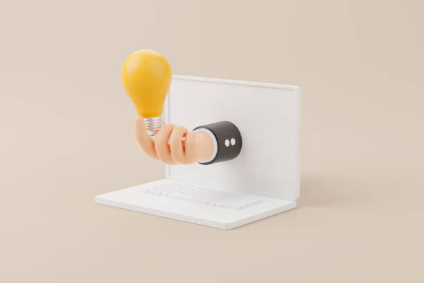 istock Hand holding lightbulb with computer laptop on background. Minimal design. Concept of creative idea and innovation. 3d render illustration 1398921541