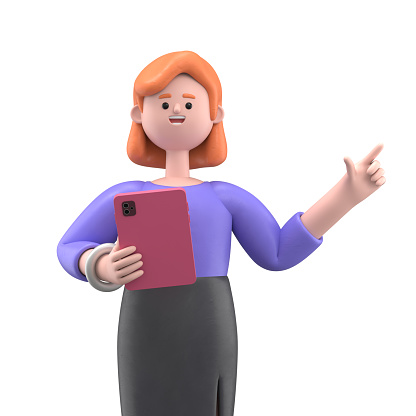 3D illustration of smiling businesswoman Ellen holding tablet and pointing finger at direction. Cute cartoon smiling attractive businessman using social networking and working in office application.