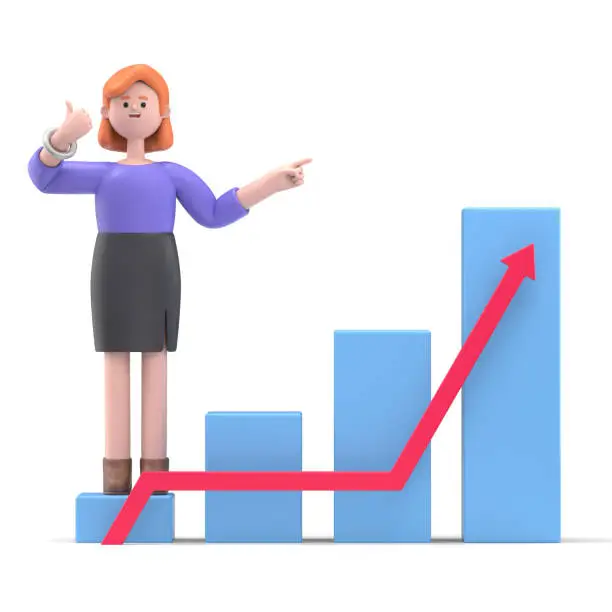 Photo of 3D illustration of smiling businesswoman Ellen goes to success.  Concept of financial growth. Dashboard with the analysis of finance.3D rendering on white background.