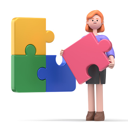 Pictogram People Teamwork Around Puzzle Table - Color Background - 3D Rendering