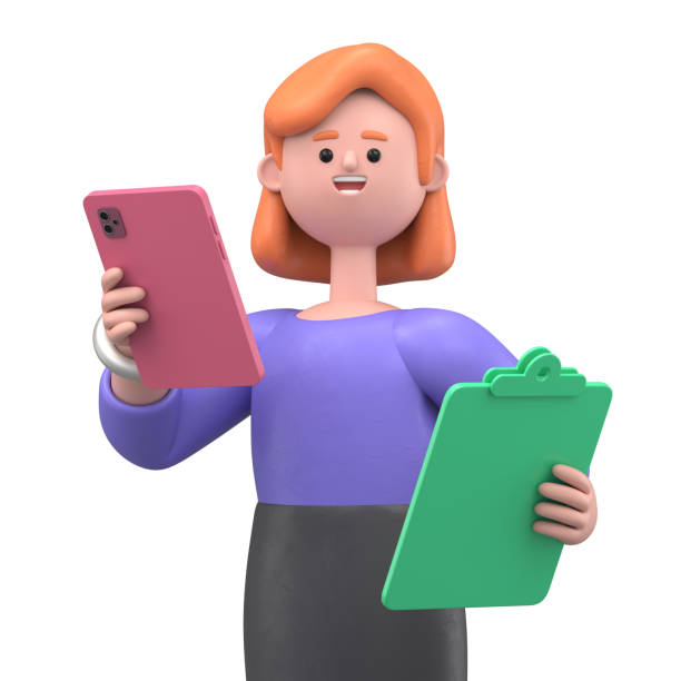 ilustração 3d de uma empresária sorridente ellen olhando para o ipad e conversando. retratos de personagens de desenhos animados falando e digitando no ipad. comunicação em redes sociais, conexão móvel. renderização 3d em fundo branco. - ipad 3 - fotografias e filmes do acervo