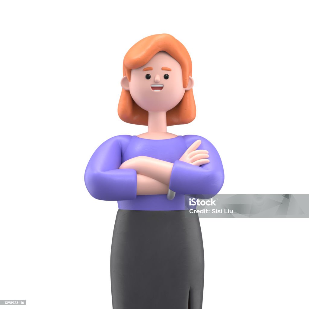 Close up portrait of smiling businesswoman Ellen with arms crossed. 3D rendering on white background. Stereoscopic Image Stock Photo